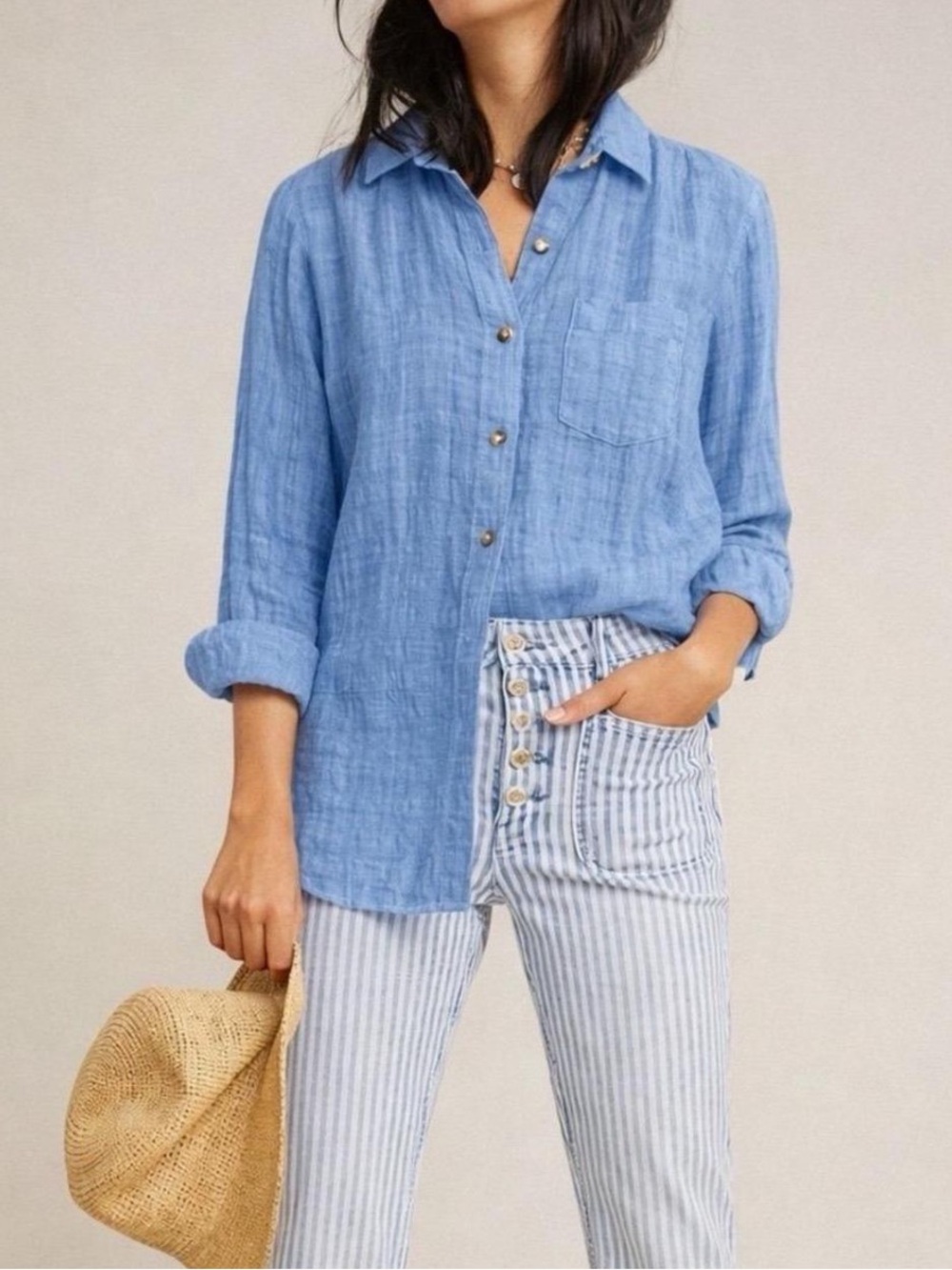 Anthropologie Pilcro and the Letterpress linen cotton tunic shirt top blue 0 XS